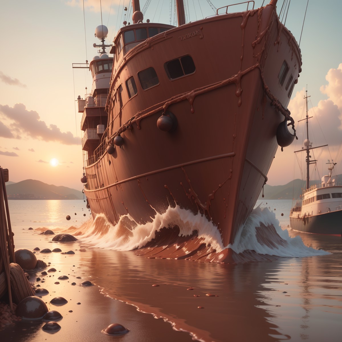 <lora:ChocolateWetStyle:0.7>ChocolateWetStyle a wooden fishing trawler anchored in a harbor, (Masterpiece:1.3) (best quali...